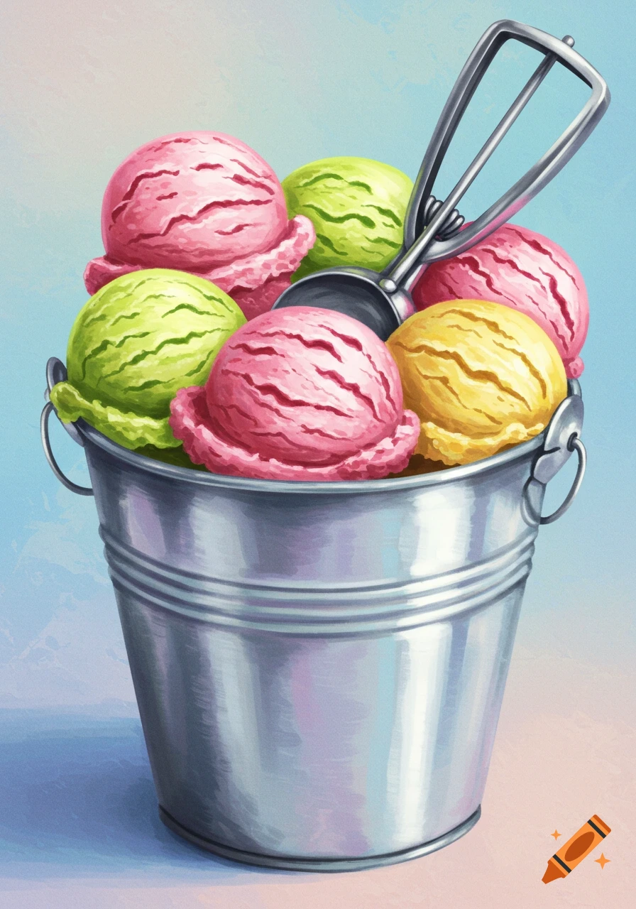 Illustration of a metal bucket overflowing with scoops of pink, yellow, and green ice cream, with an ice cream scoop inside.