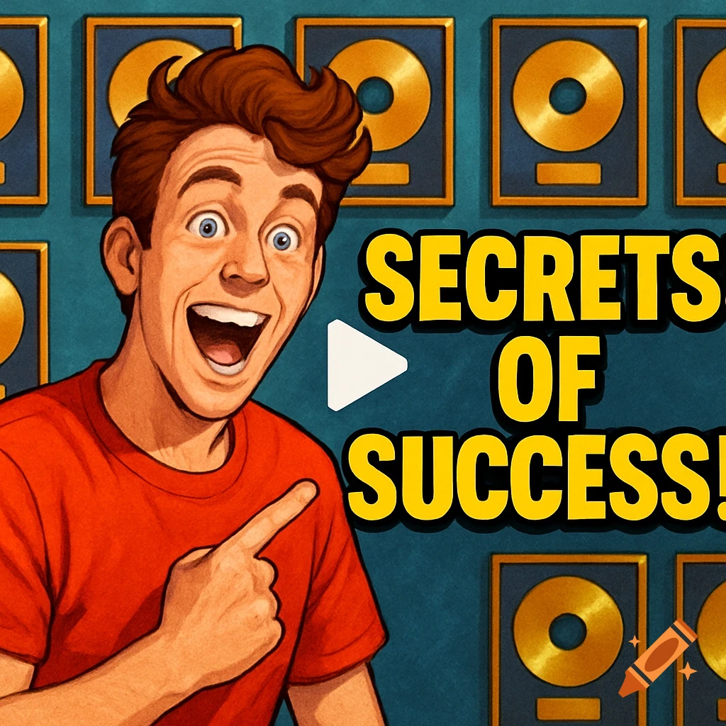 A man points at text that reads "SECRETS OF SUCCESS!" next to gold records.