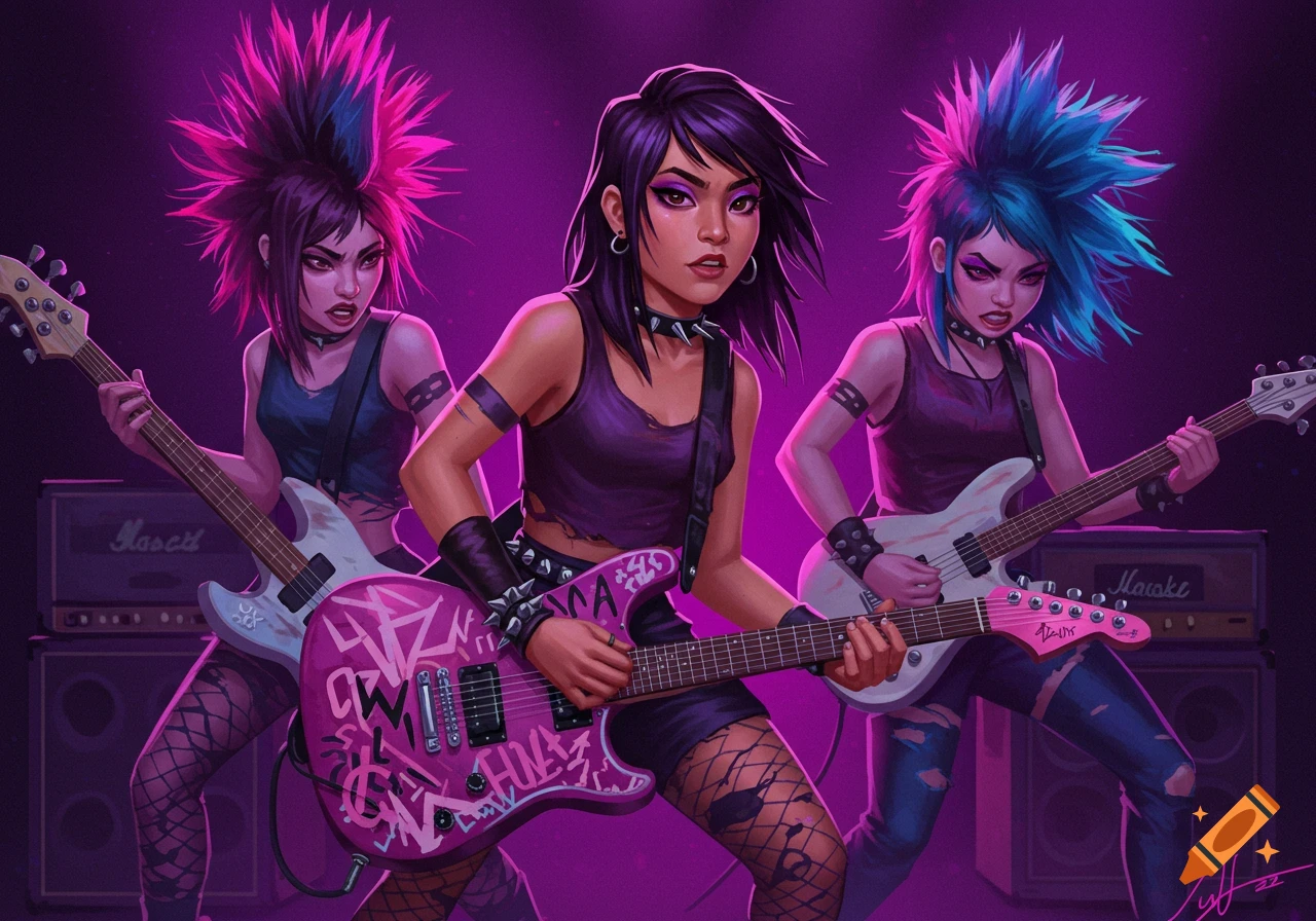 Three women in a punk rock band playing electric guitars on a stage.