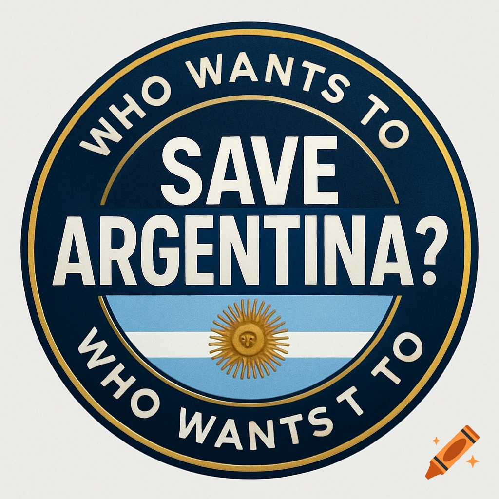 Circular logo with text 'WHO WANTS TO SAVE ARGENTINA?' and Argentine flag elements.