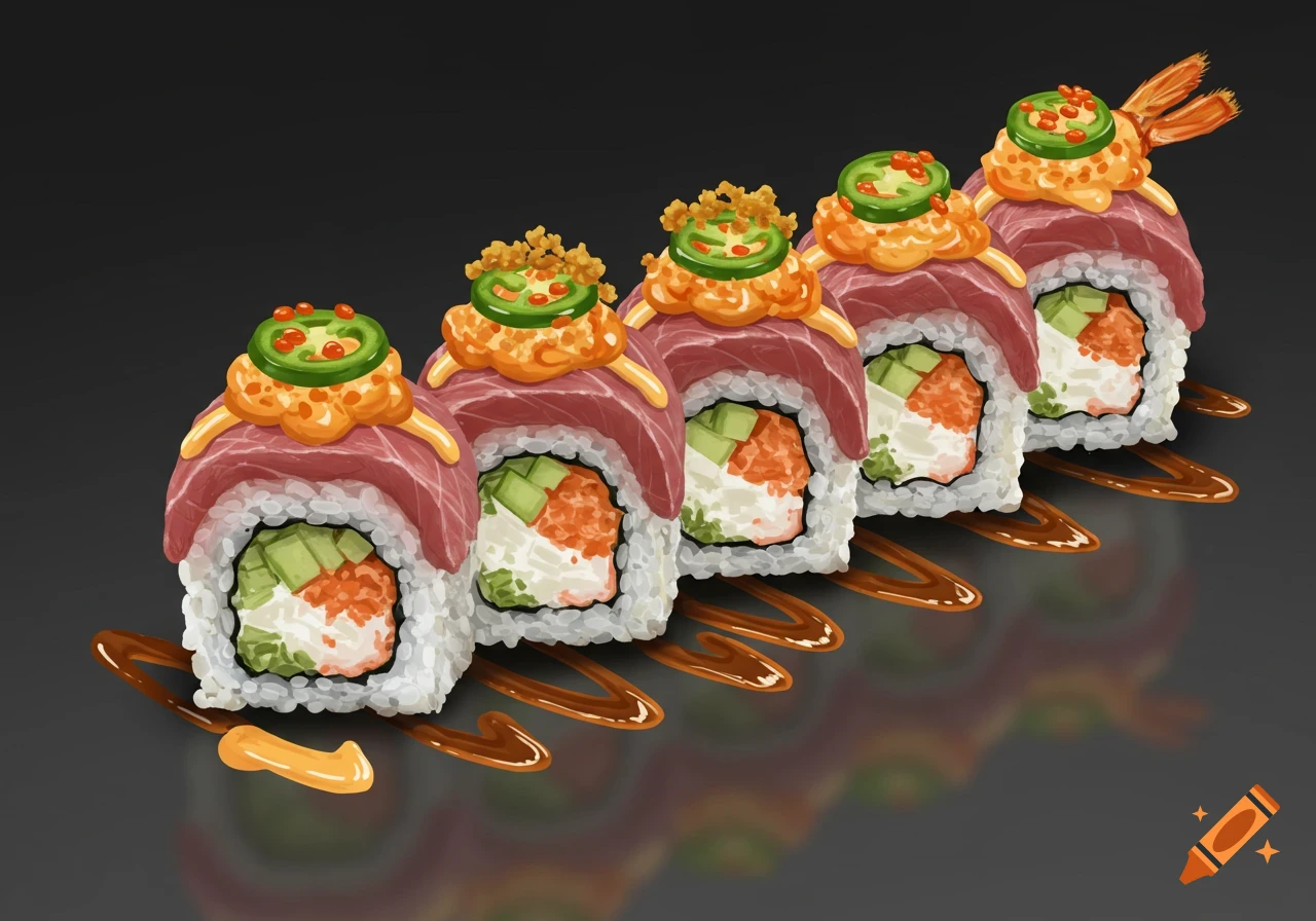 Digital painting of several elaborate sushi rolls with toppings on a dark background.