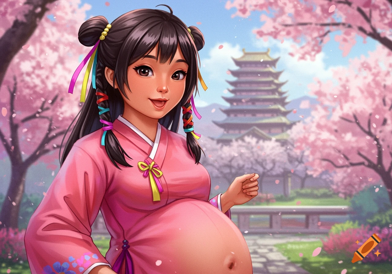 Pregnant Asian woman in traditional pink clothing stands in a park with cherry blossoms and a pagoda.