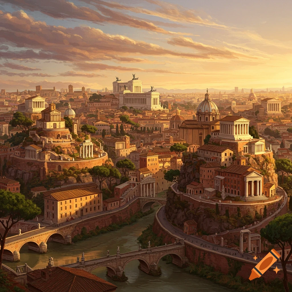 An ancient city on hills with bridges over a river at sunset.