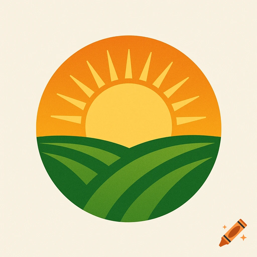 A circular logo shows a yellow sun with rays rising over green rolling hills.
