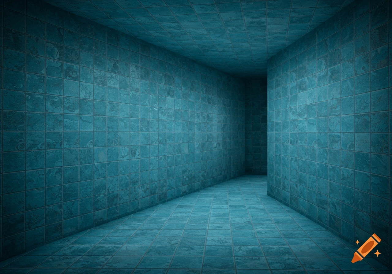 Empty room with blue tile walls, floor, and ceiling