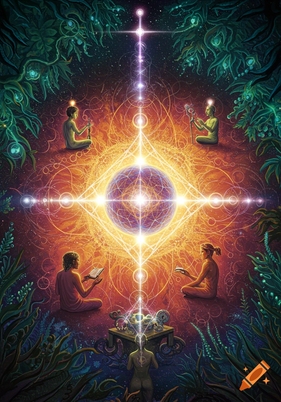 Figures meditating around a radiant cosmic energy sphere, surrounded by lush, glowing nature, in a spiritual, psychedelic style.
