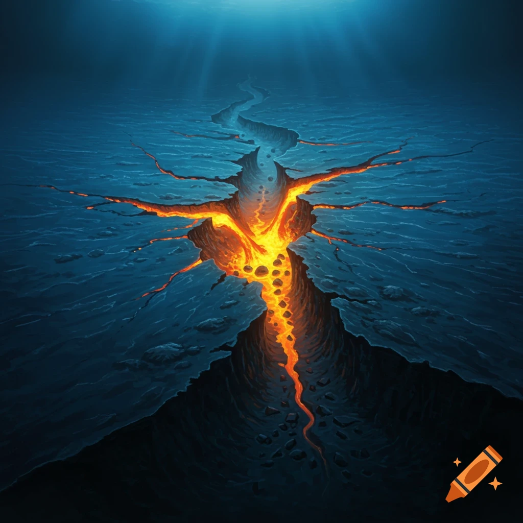 Dramatic illustration of divergent oceanic plate boundaries separating, with glowing molten lava erupting from the deep sea floor.
