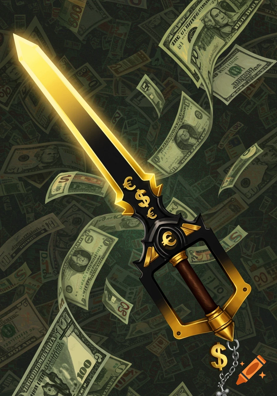 A golden and black keyblade with currency symbols is surrounded by falling banknotes.
