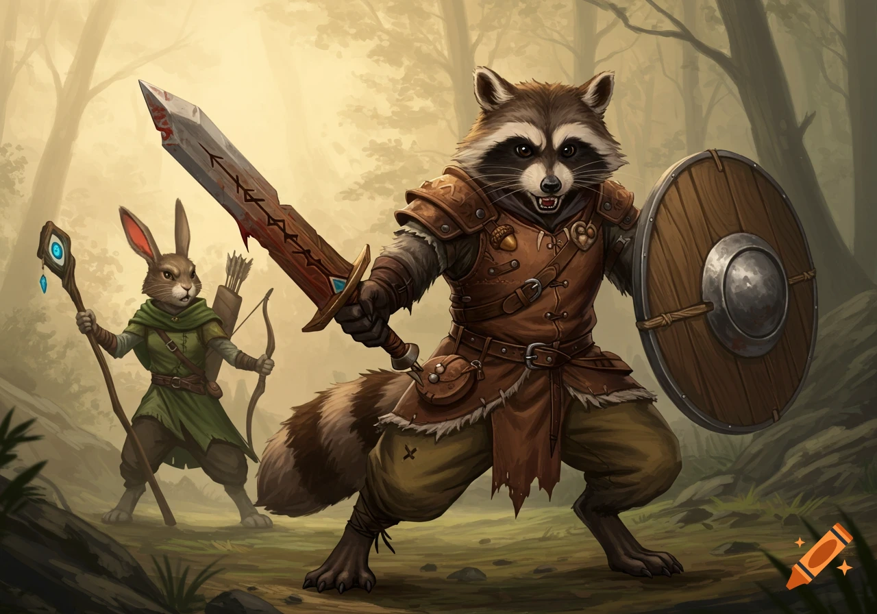 Anthropomorphic raccoon warrior and rabbit ranger with weapons in a misty forest, digital art.