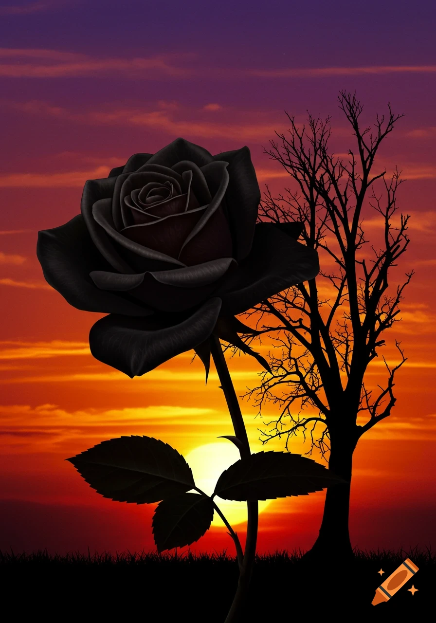 A black rose and a skeletal tree silhouette against an orange and purple sunset.