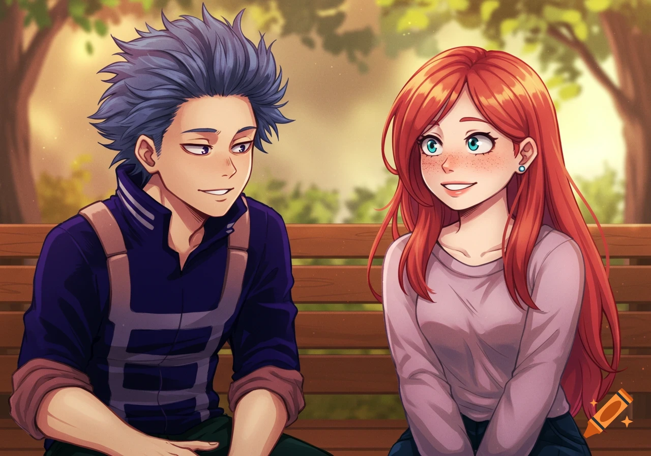 Two anime characters sit on a park bench smiling at each other.