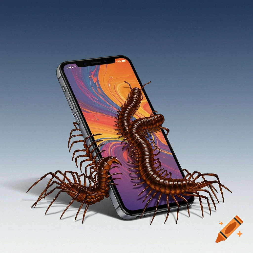 Illustration of centipedes crawling out of a smartphone screen.