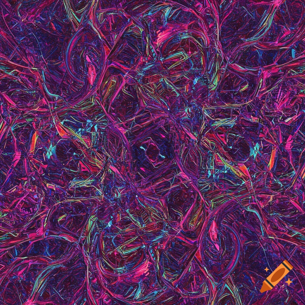 Abstract tangle of vibrant purple, pink, teal, and yellow lines and shapes