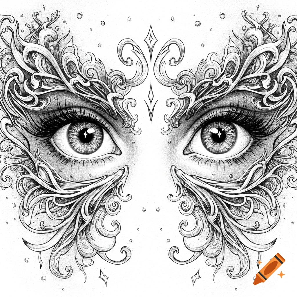 Black and white drawing of eyes with magical, swirling patterns