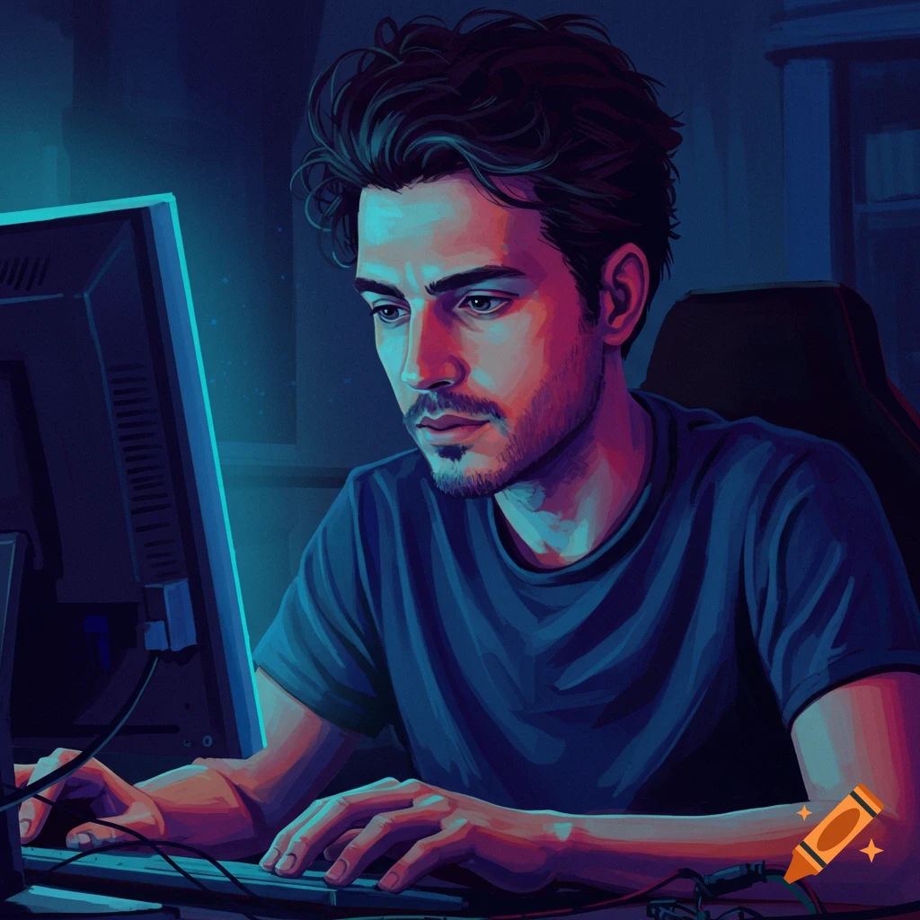 Digital illustration of a man looking intently at a computer screen in a dark room.