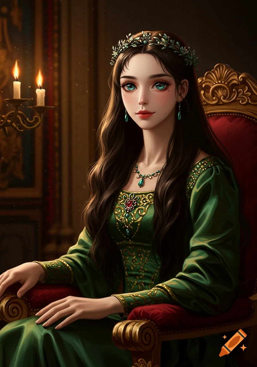 A painting of a fantasy princess with long brown hair and large anime eyes, wearing a green and gold dress.