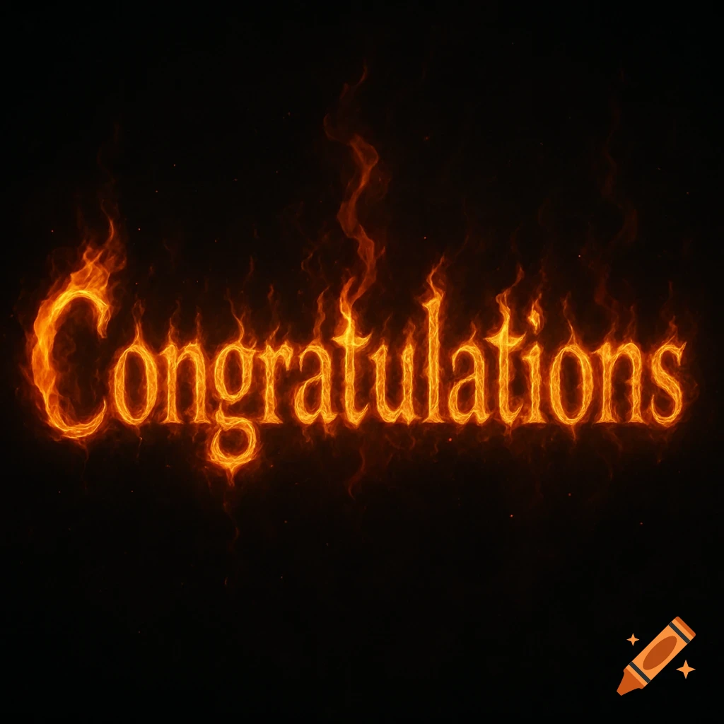 The word Congratulations in fiery lettering on a black background