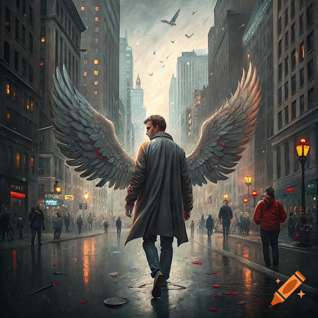 Man with large wings walks down a wet city street.