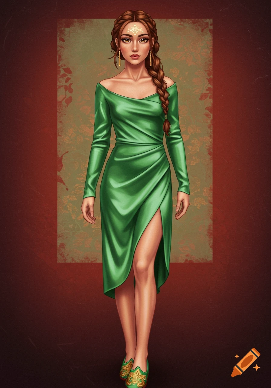 A woman with braided hair wearing a green silk dress and gold embroidered shoes.