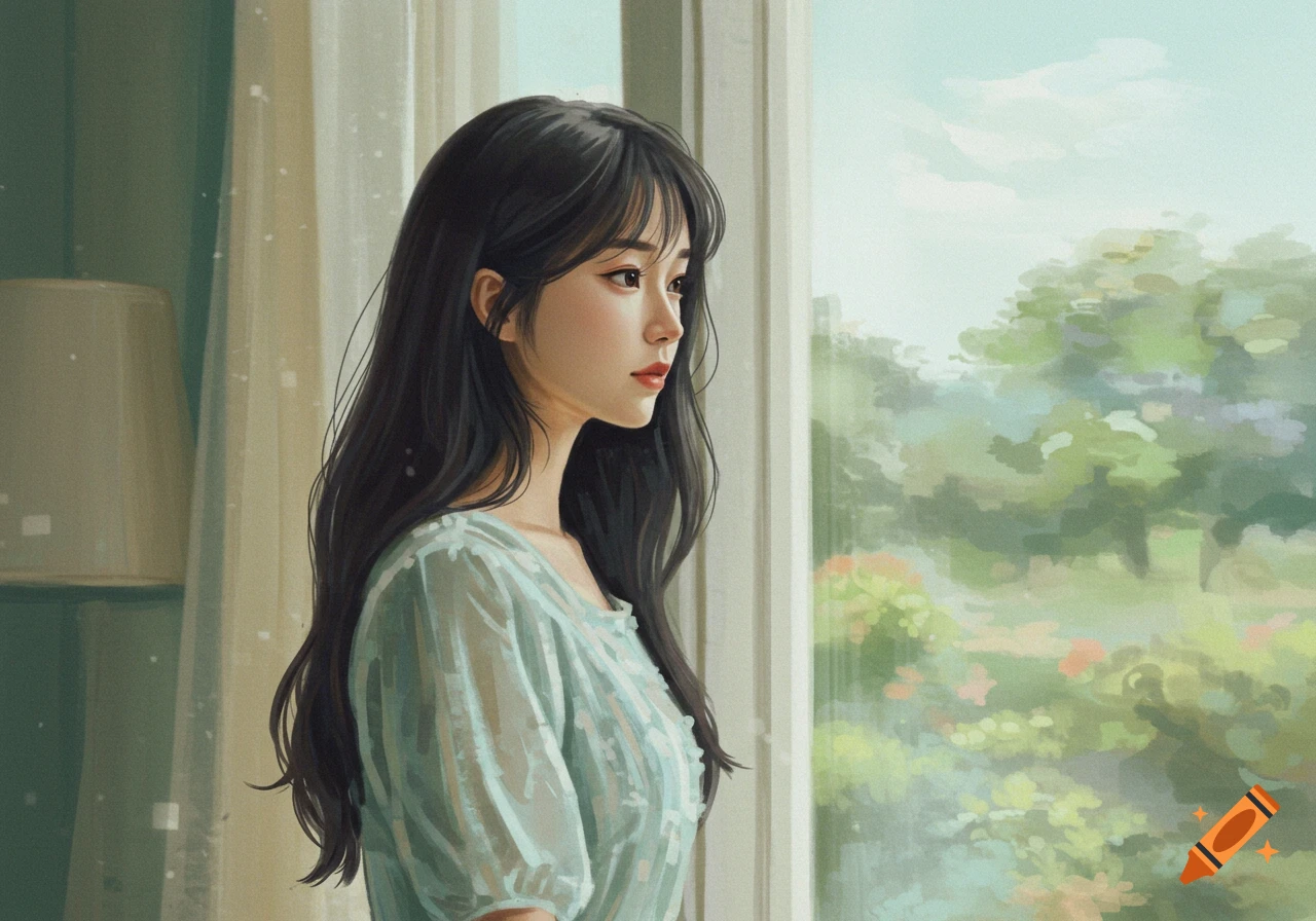 A woman with long dark hair looking out a window.