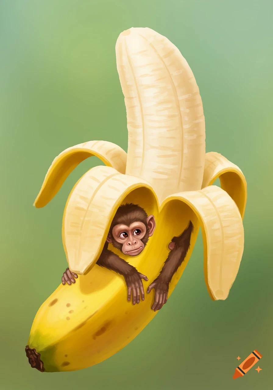 A cartoon monkey peeking out of a peeled banana against a green background.