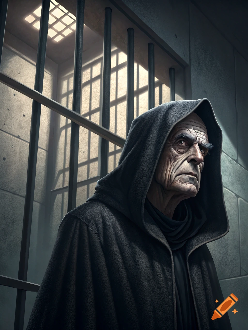 Grim-faced hooded figure behind prison bars