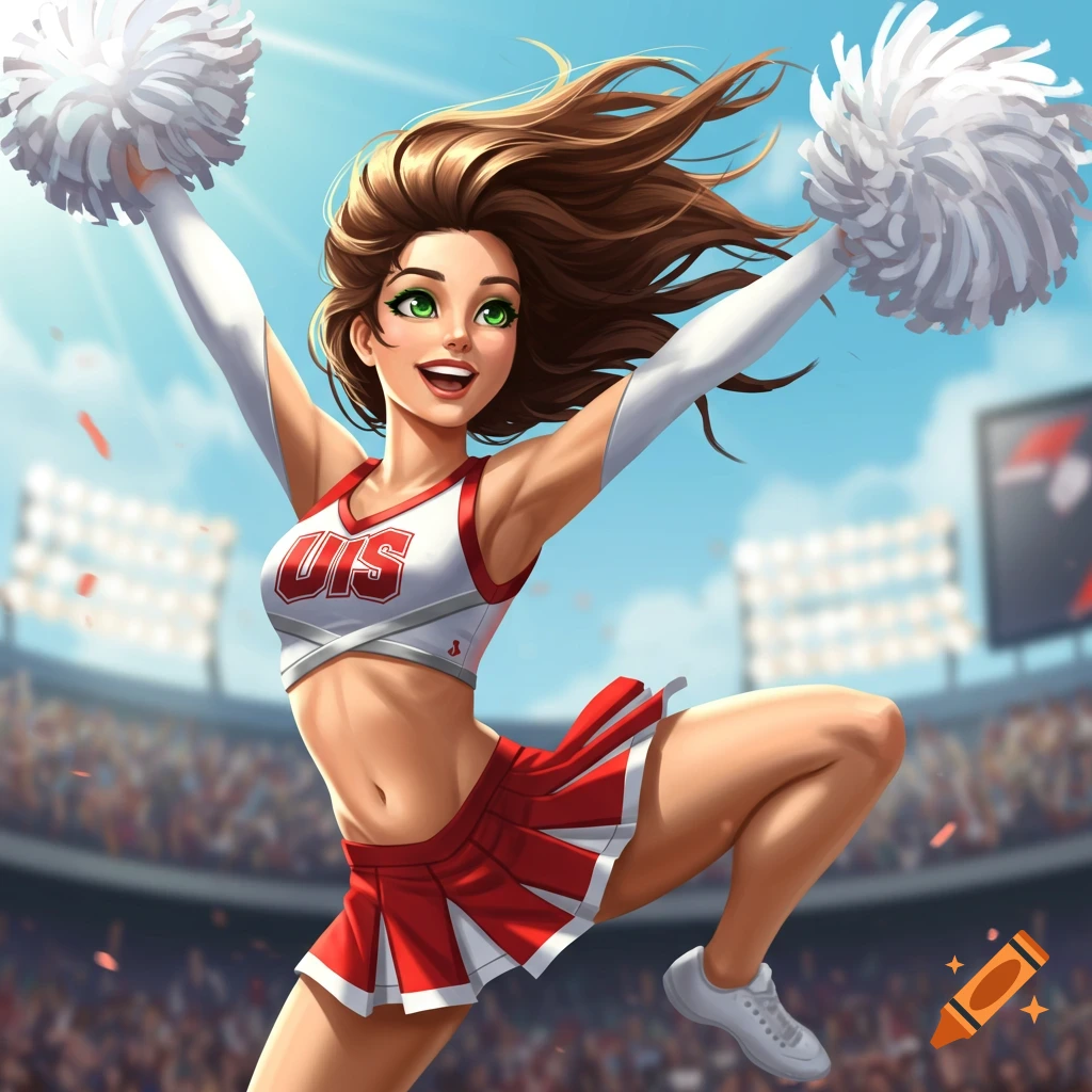 A cartoon-style illustration of a cheerleader jumping in a stadium.