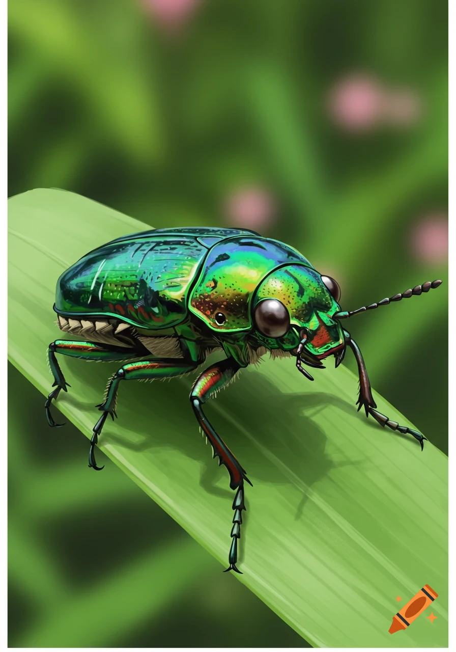 Close-up illustration of a shimmering green beetle on a green leaf.