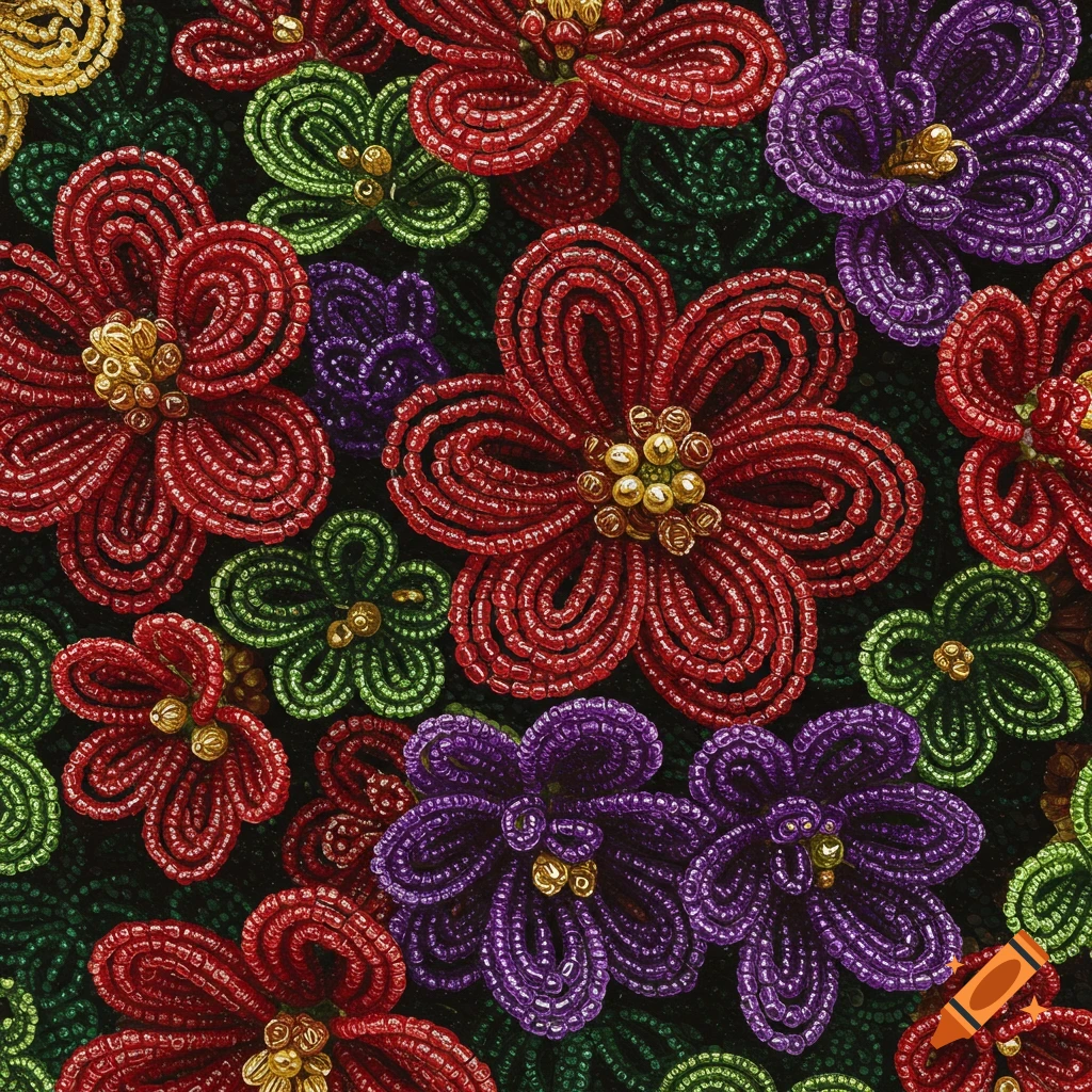 Close-up of beaded flowers in red, purple, green, and yellow.