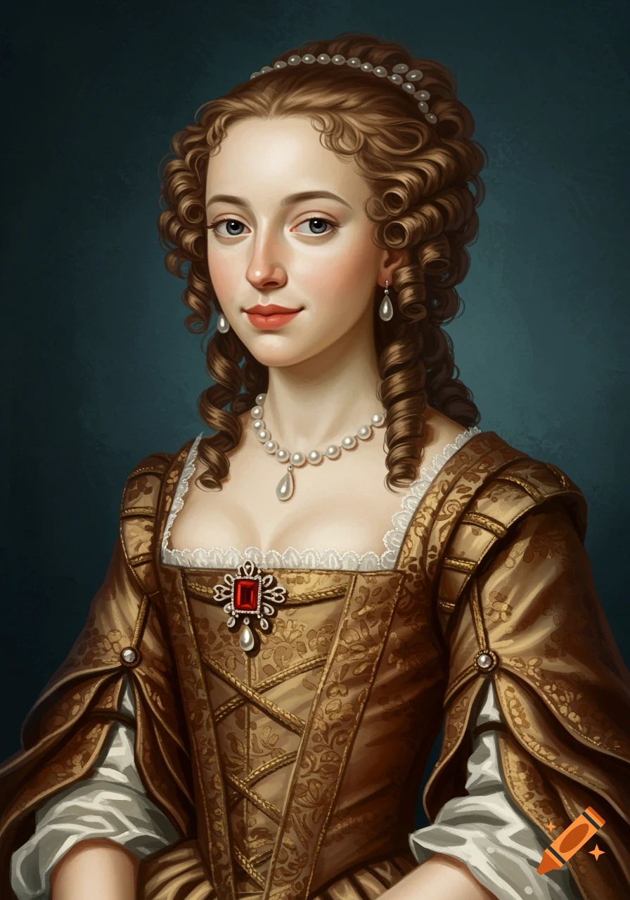Portrait painting of a young historical woman in a gold dress and pearls