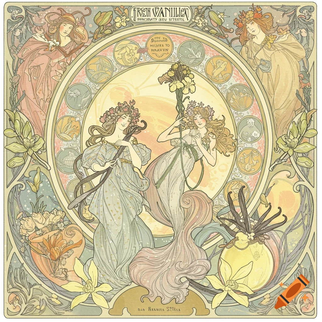 Art Nouveau illustration of women and vanilla plants in an ornate frame.