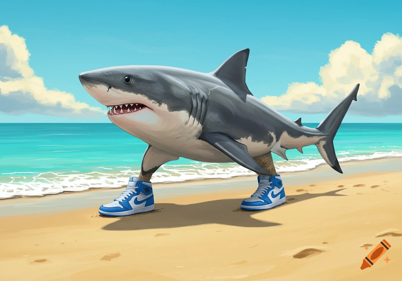 An illustration of a shark standing on a beach wearing blue sneakers.
