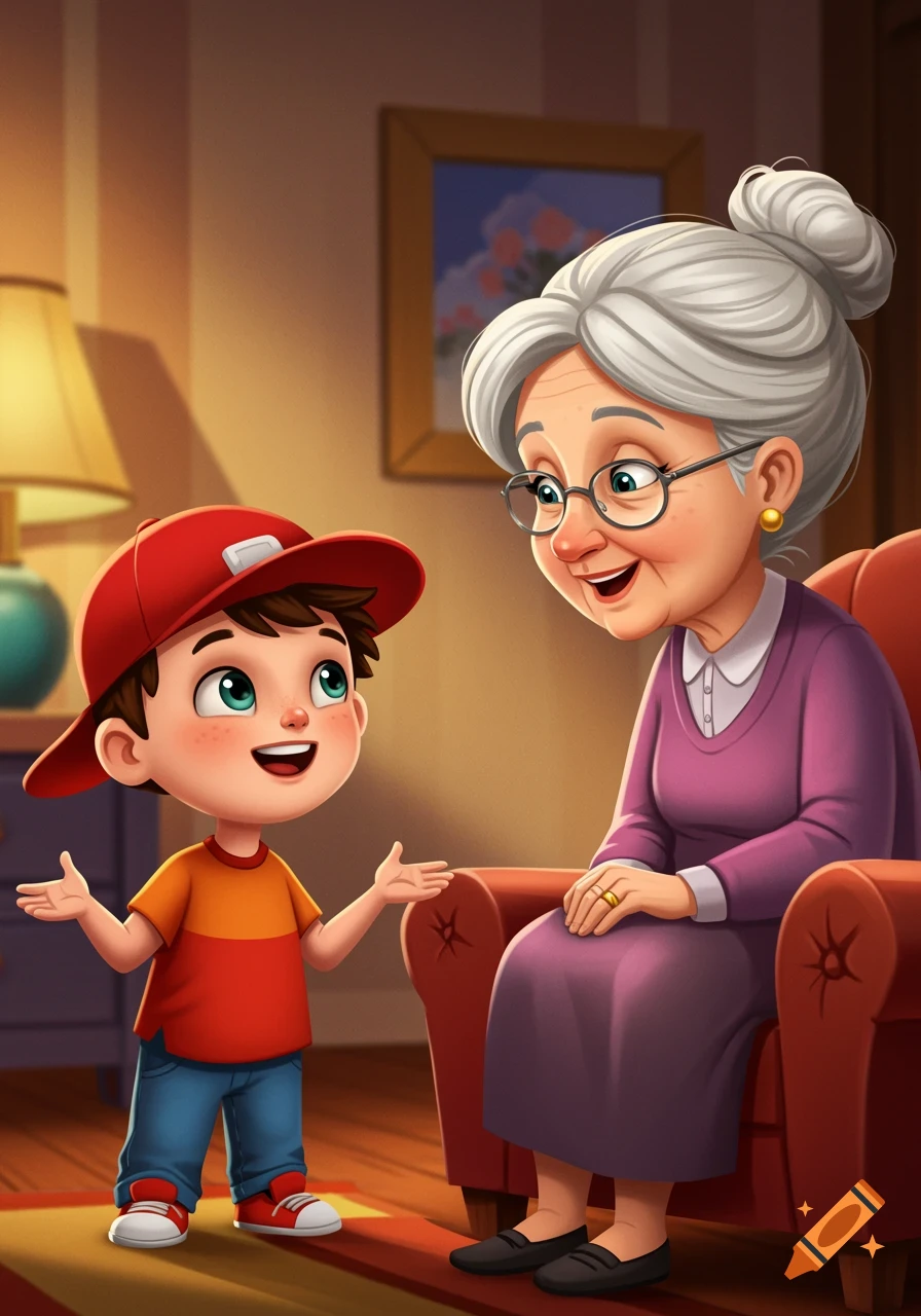 Cartoon illustration of a boy talking to his grandmother in a living room.