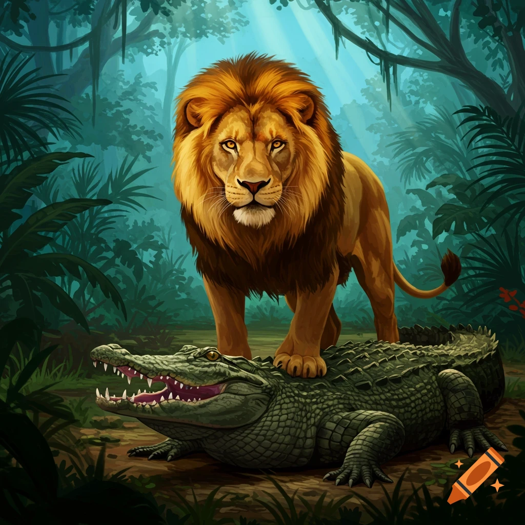 A lion stands on an alligator in a jungle.