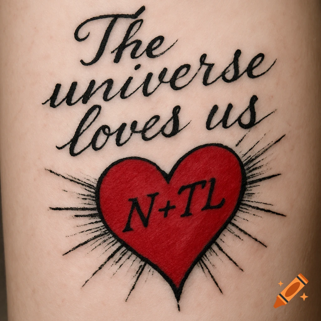 Tattoo on skin reading 'The universe loves us' above a red heart with 'N + TL' inside.