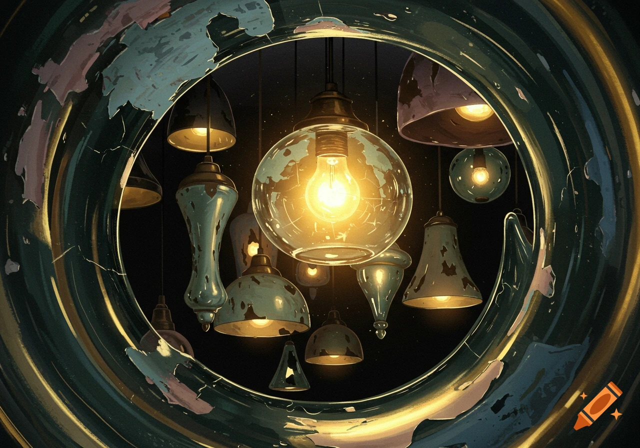 Artistic rendering of glowing light pendants seen through a circular distressed frame.