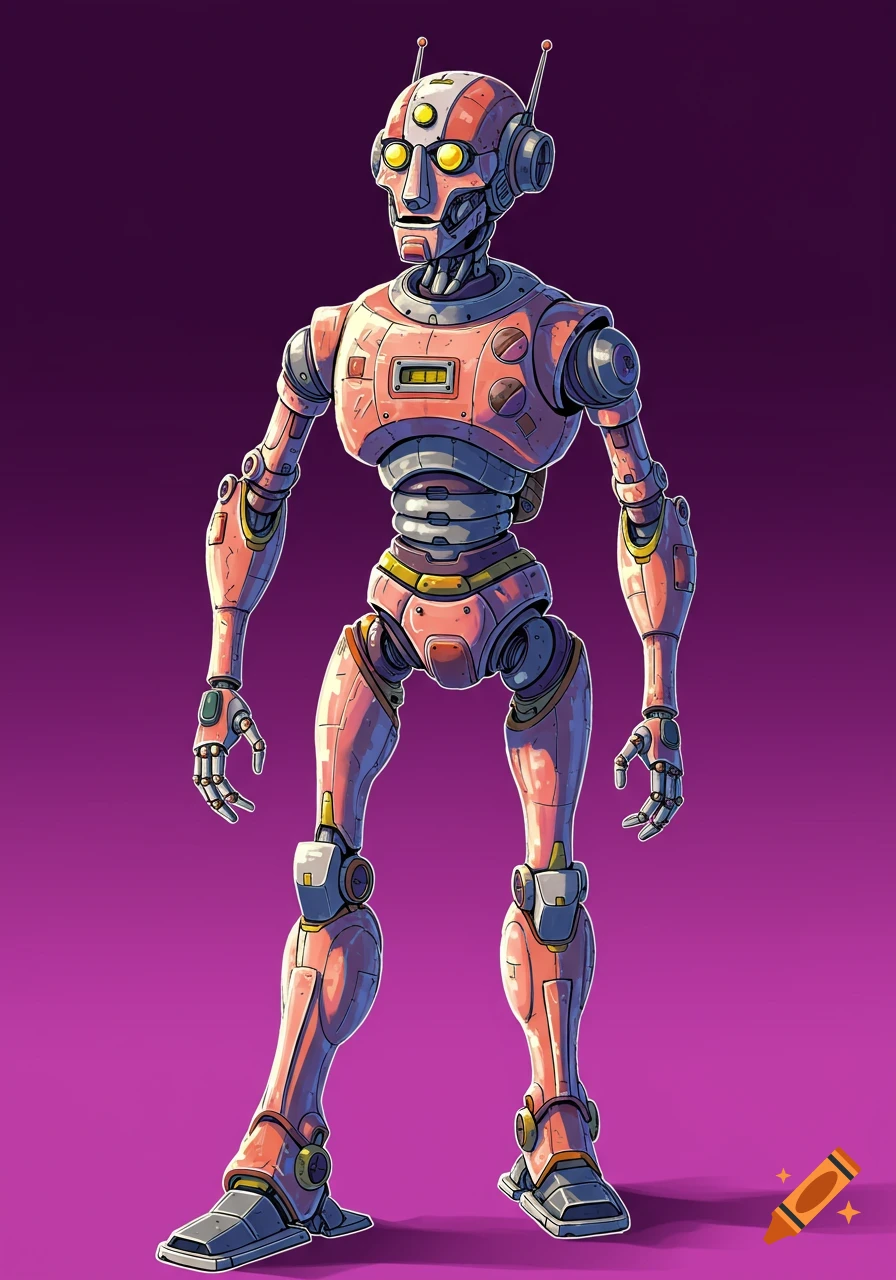 An illustration of a pink and gray robot with yellow eyes and antennae standing against a purple background.