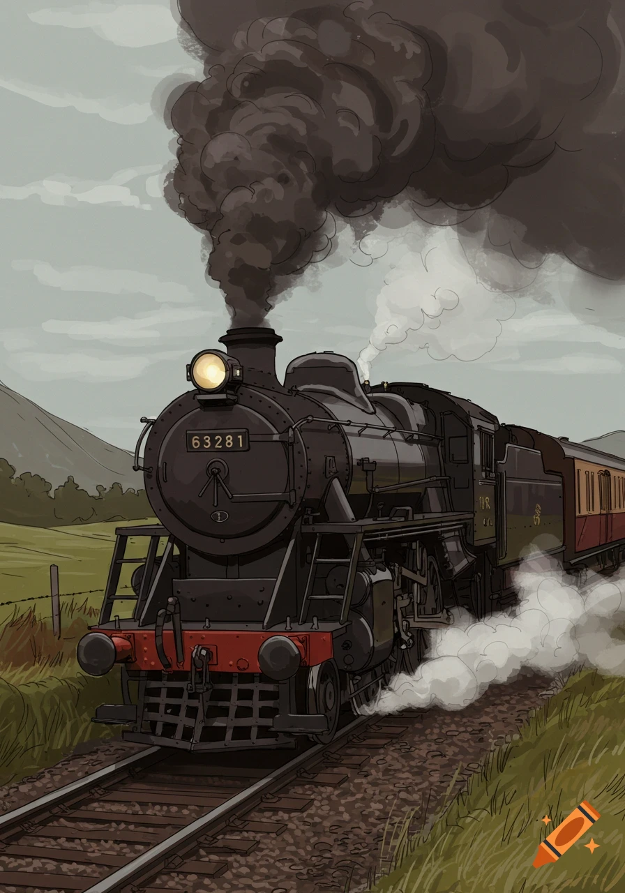 Illustrated steam train travels through a green landscape