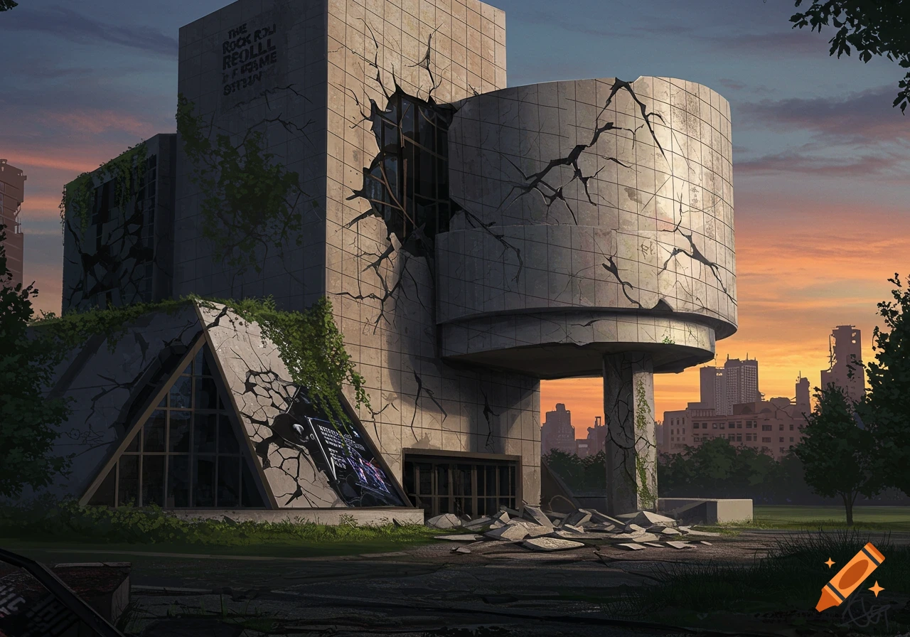 A crumbling, vine-covered concrete building, possibly the Rock and Roll Hall of Fame, at sunset.