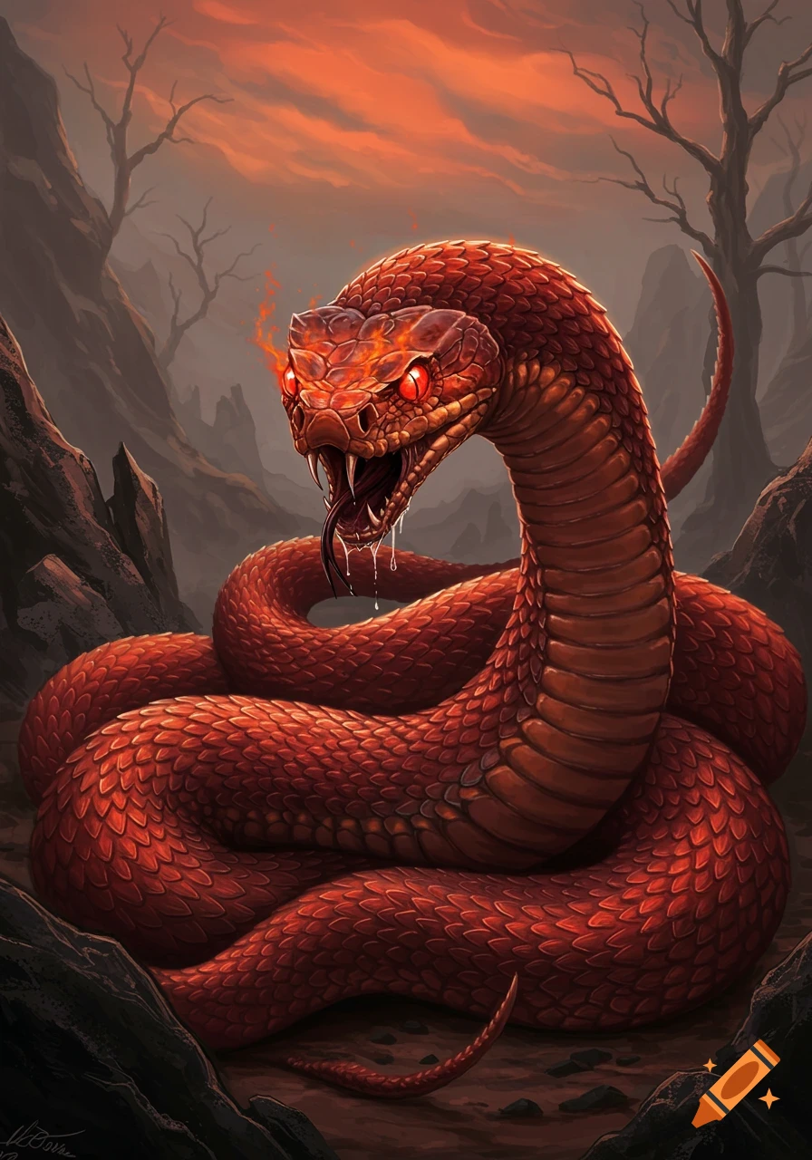 A red demonic snake with glowing eyes and fire on its head sits in a dark, rocky landscape.