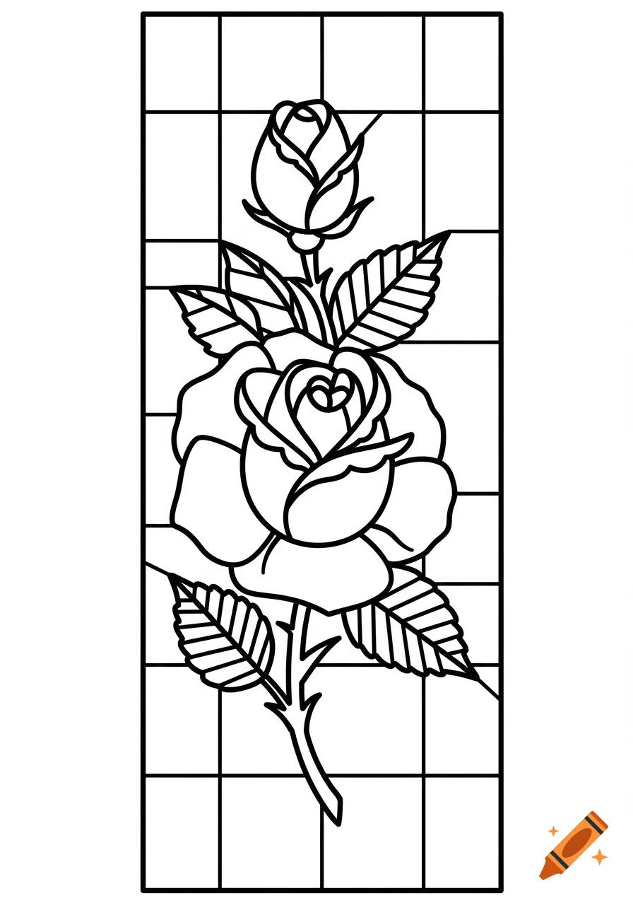 Black line art drawing of roses and leaves in a stained glass pattern style