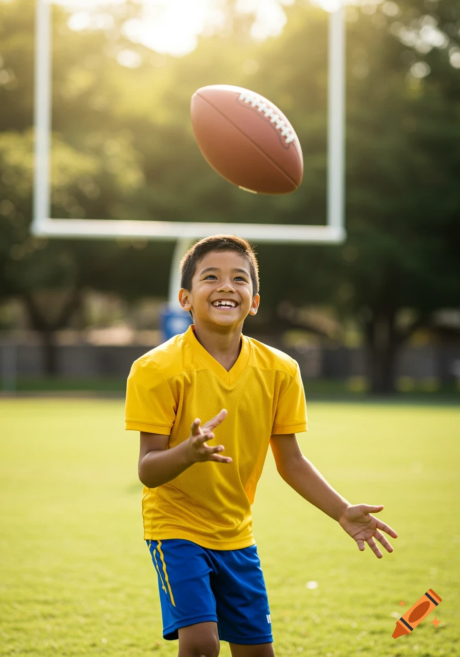 Young boy in a yellow football jersey catches a football on a sunny field.