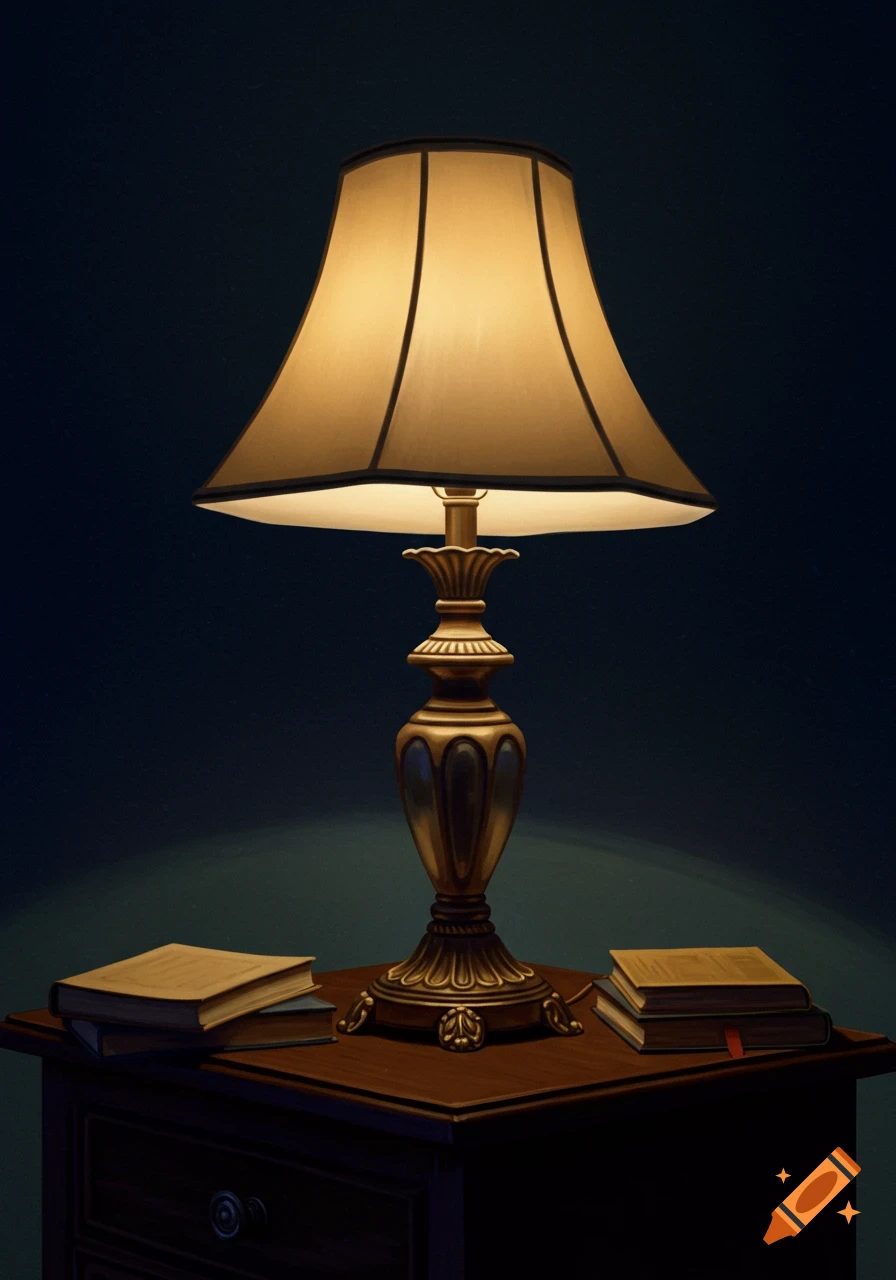An illuminated reading lamp and books are on a table in the darkness.