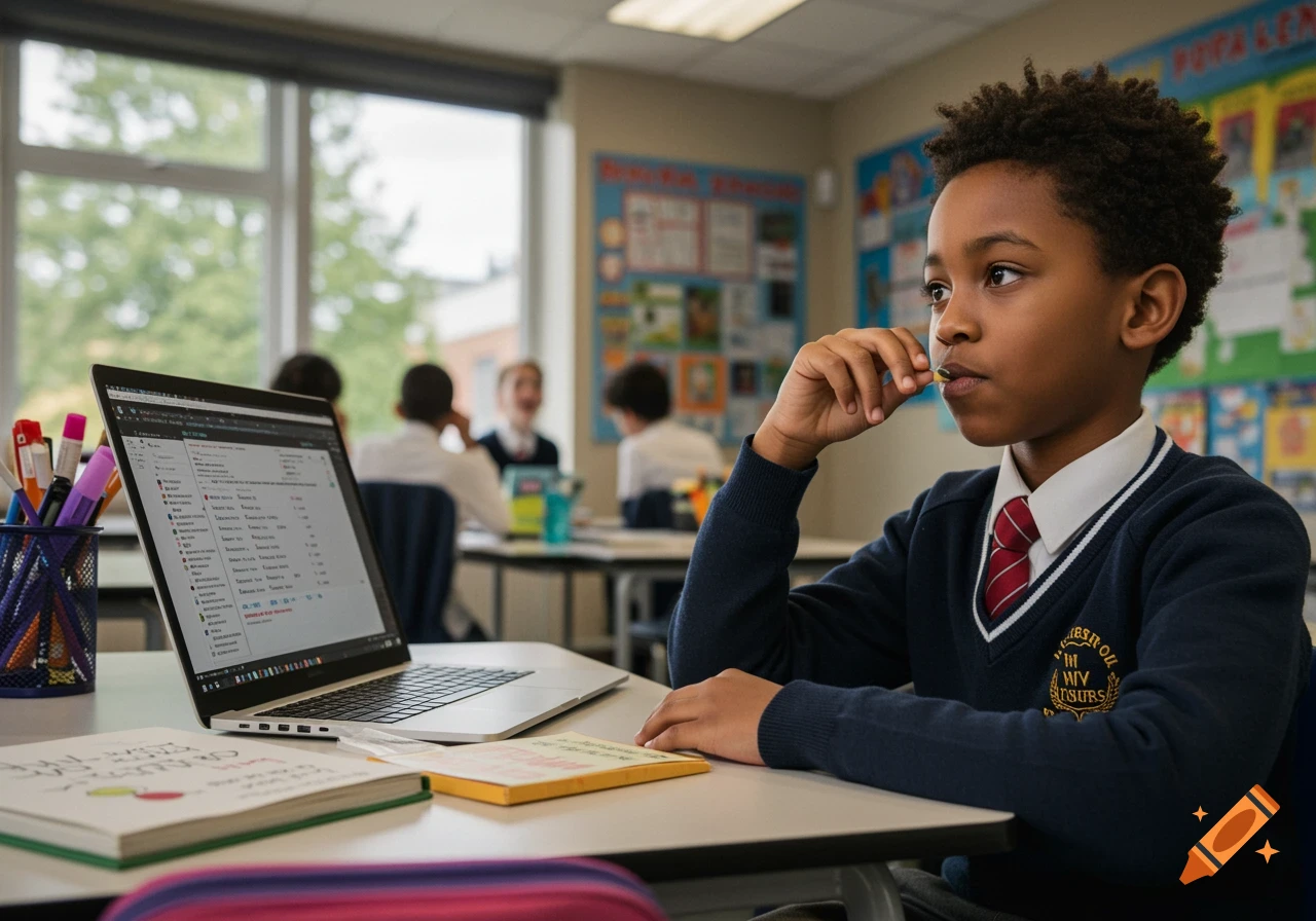 A young boy in school uniform sits at a desk with a laptop in a classroom, eating a snack.