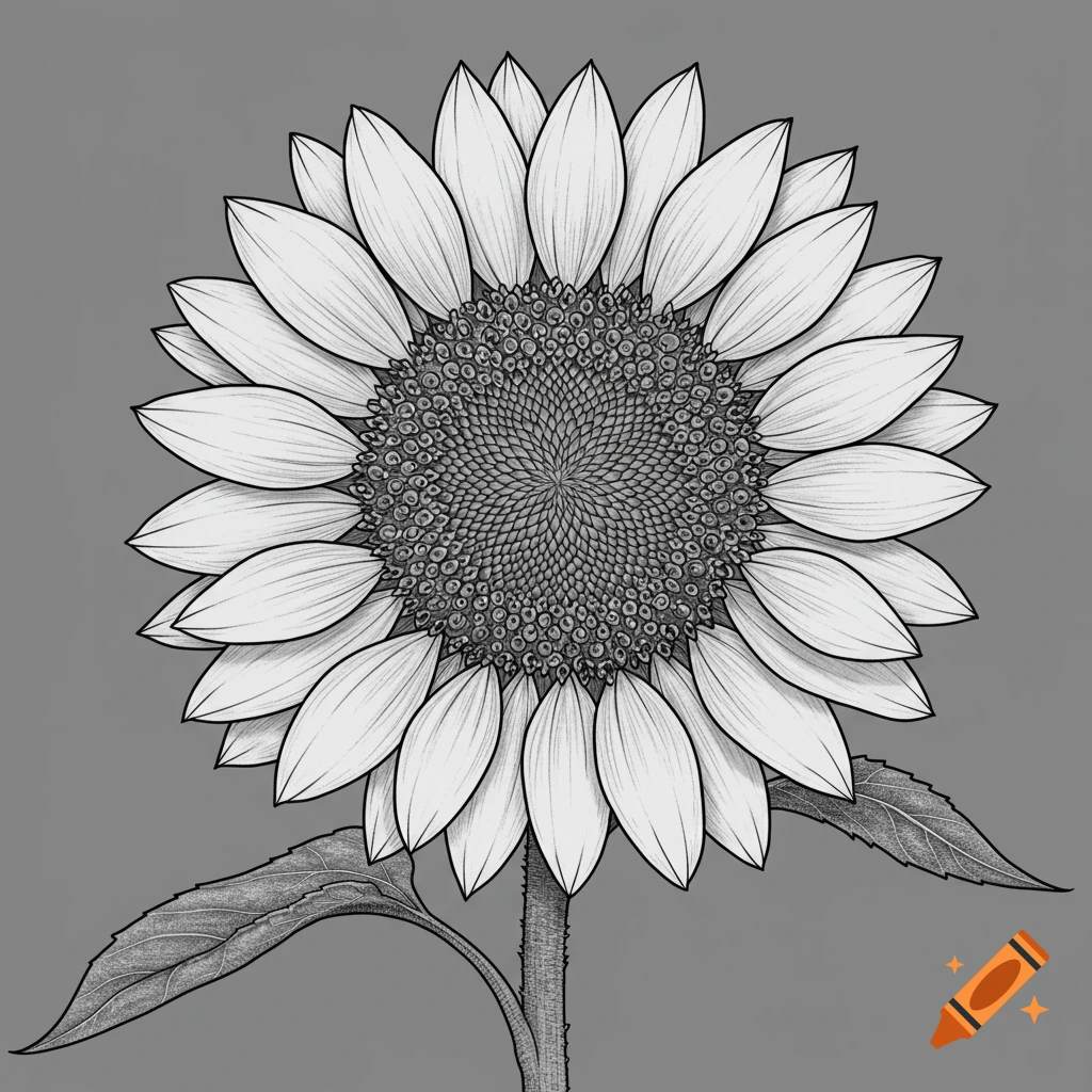 A black and white line drawing of a sunflower.