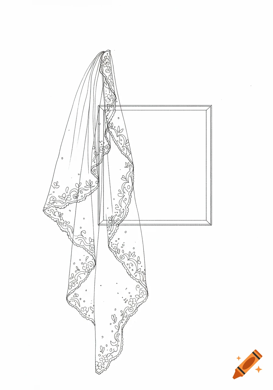 Line drawing of a lace veil draped over a rectangular frame.