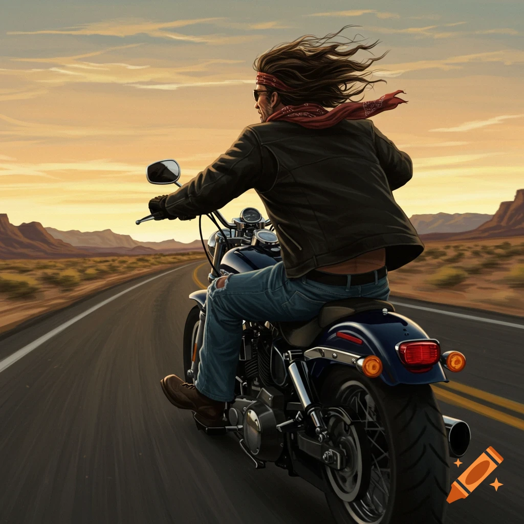 Illustration of a person riding a motorcycle on a desert highway at sunset.