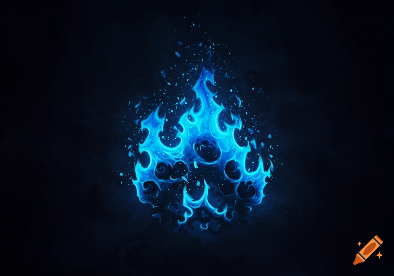 Abstract representation of blue fire and sparks on a dark background.
