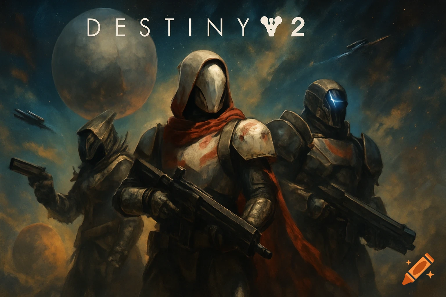 Three armored characters from Destiny 2 holding weapons in a space setting.