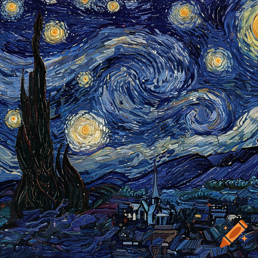 Image in Starry Night style of a swirling night sky, cypress tree, and village